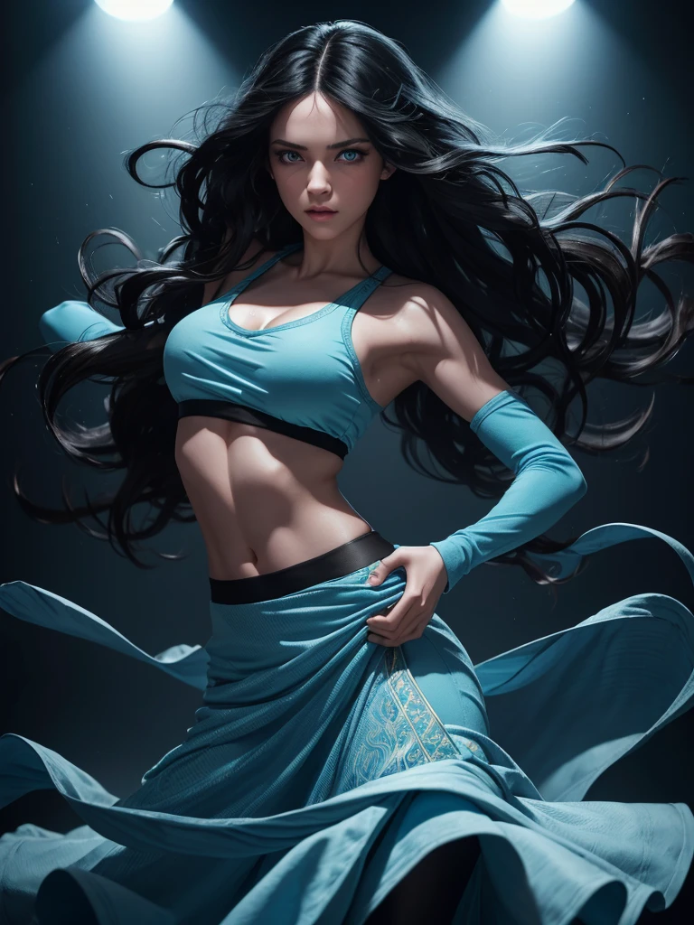 a woman with long black hair, light blue eyes, hip hop dancer, sweating while dancing, wavy hair, extremely detailed, hyper realistic, 8k, masterpiece, professional photography, high quality, studio lighting, vibrant colors, dynamic movement, dramatic lighting, cinematic, chiaroscuro
