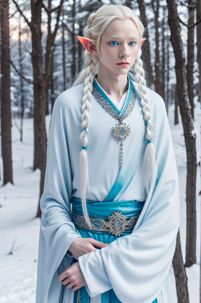man ,attractive ,albino with blue eyes like crystal ,serious look , whole body,winter clothing,fashionista ,accessories, ancient oriental style , elf, pircings,long hair up to