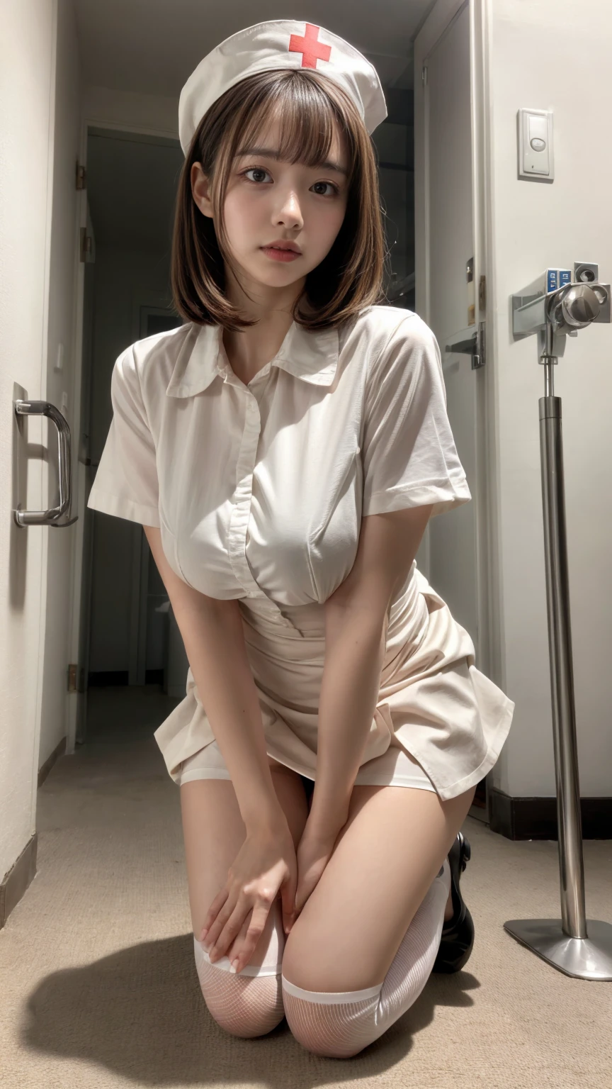 muste piece, best quality, illustration, Super detailed, fine details, High resolution, 8K,wall paper, perfect dynamic composition,(Details High quality, realistic depiction of eyes:1.3), Hospital Rooms、White nurse cap、White tights、White nurse uniform、kneeling、Hand skirt、Flipping up a white skirt, large breasts,short bob hair, black hair color, Big Natural Color Lip, bold sexy pose, crying a little、20 year old girl、cute type、beautiful legs, hposing Gravure Idol, standing
