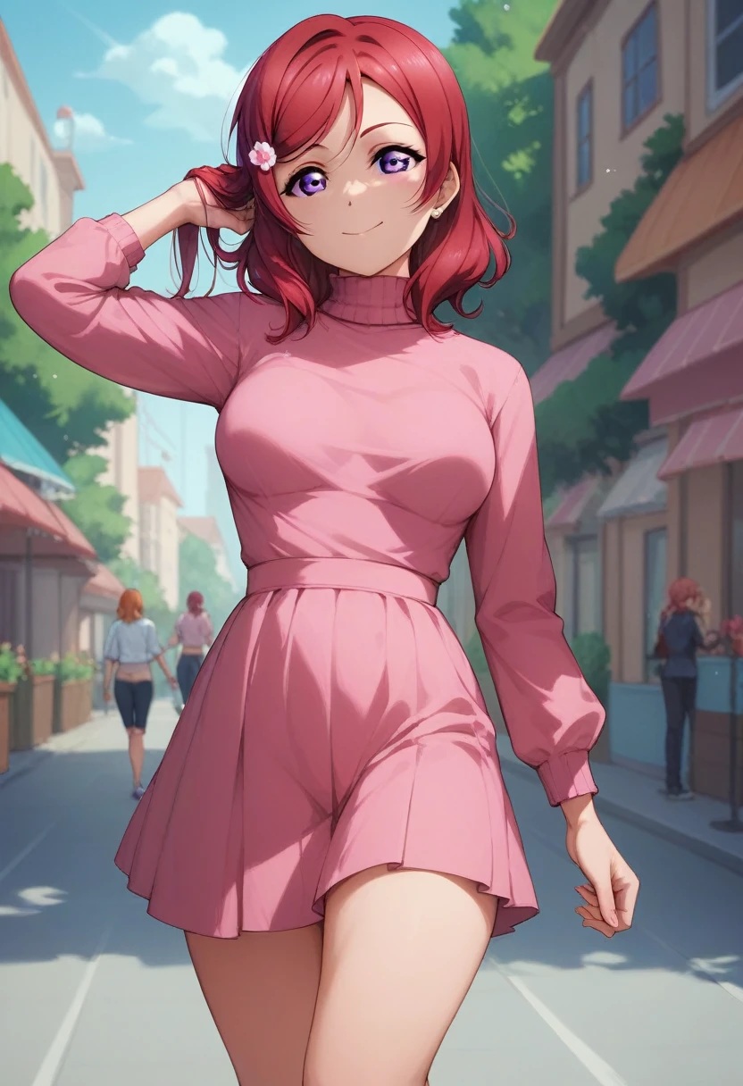 masterpiece, best quality, highres, nishikino maki,purple eyes,red hair, sexy, pink skinny dress,llchar,love live, turtle neck, breasts apart , walking, thighs,long sleeves , one hand on hair