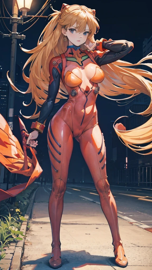 Best quality, Masterpiece, Realistic, Photorealistic, 1girll, Solo, view the viewer, full bodyesbian, standing, Long hair, Asuka cosplay costume, cosplay, Manteau, tightsuit, hair adornments, Detailed background, Have on the street, Night, Light, rain, tetas enormes, cameltoe, pose erotica. Color saturado