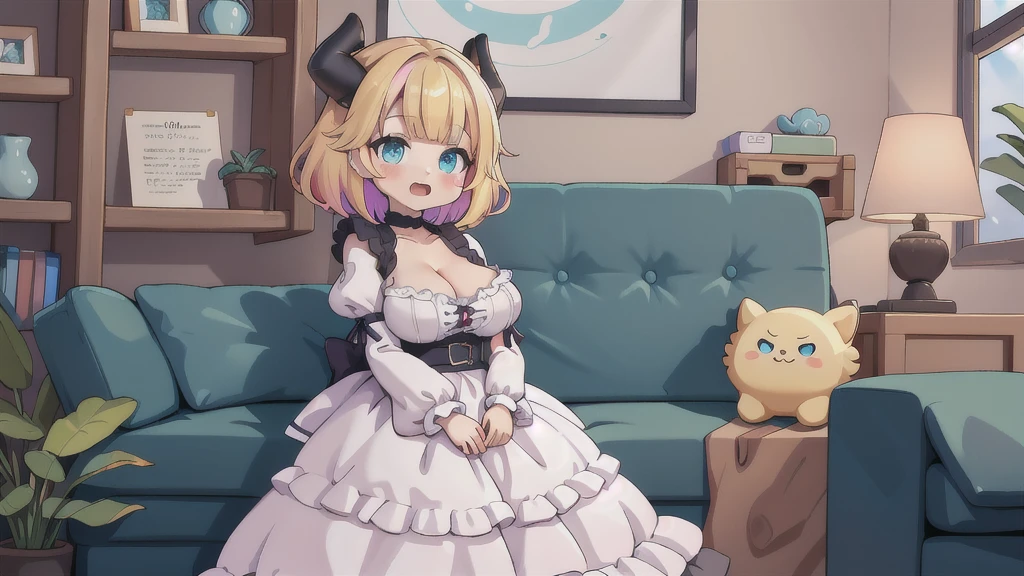 best quality, masterpiece, detailed,
memcho,
open mouth, :3, happy,
short hair, blonde hair, multicolored hair, aqua eyes, blunt bangs, horns,, collarbone, puffy sleeves, Cleavage:1.5、standing, on couch, looking at the viewer,
indoors、Huge breasts
