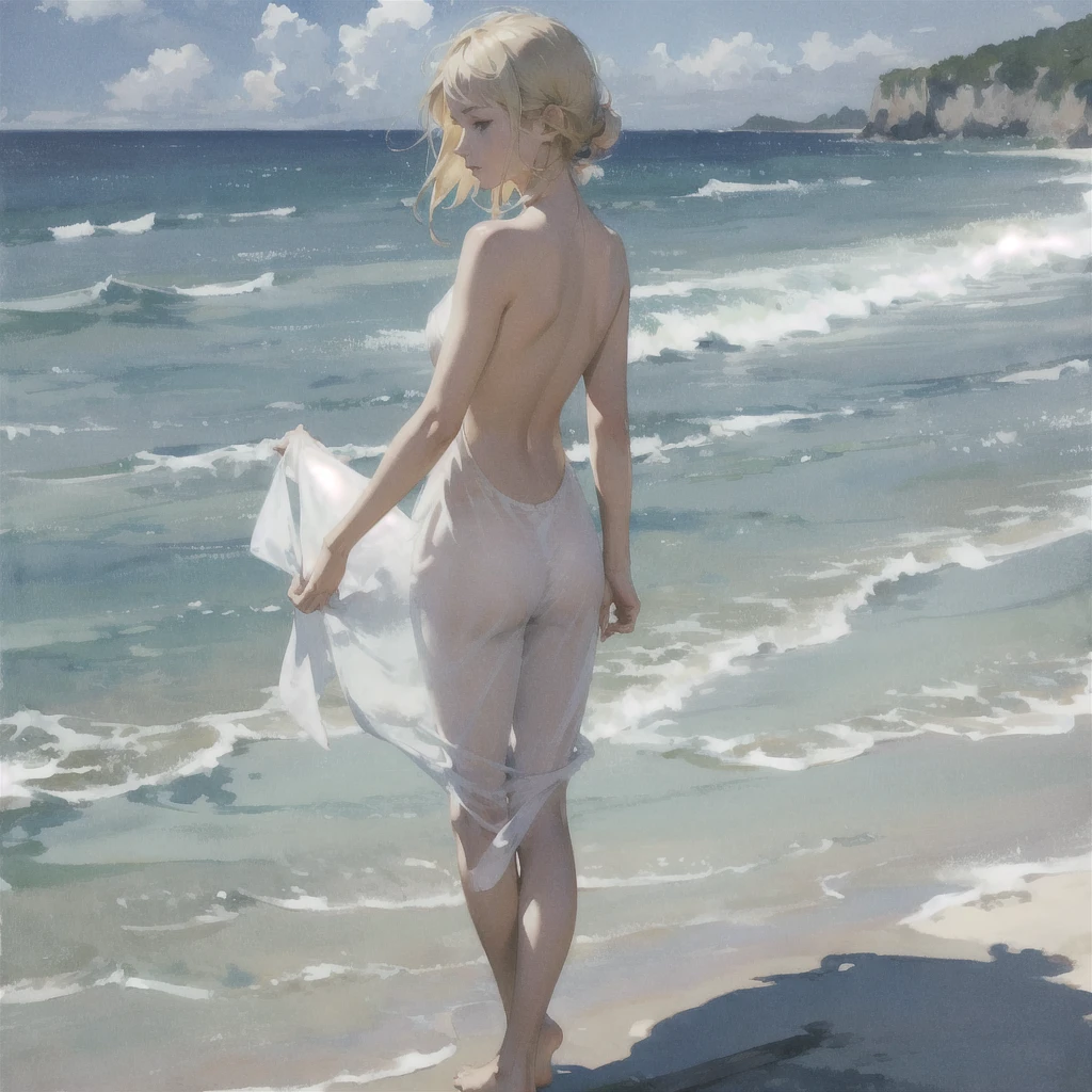 Tranquil voyager girl, in watercolor style, Photorealism, discreet pink and mint shades, barefoot, blonde hair,
