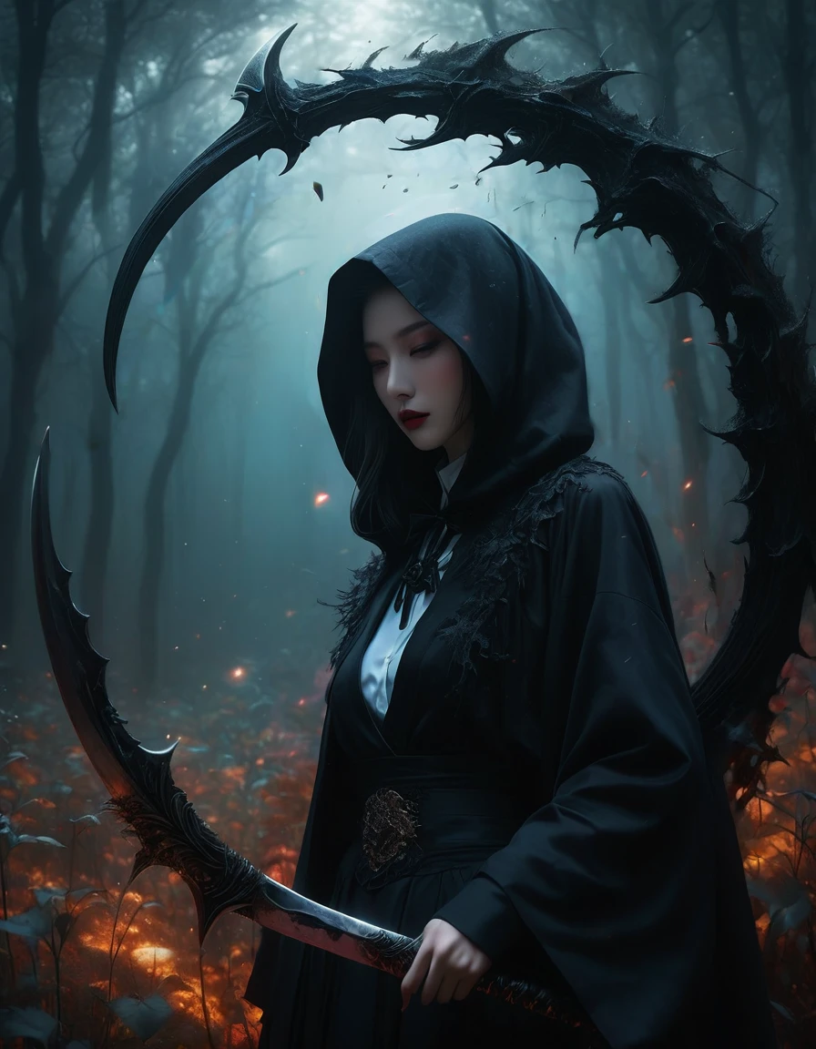 ((Masterpieces with up to 16K resolution):1.6),((soft_color_photograph:)1.5), ((超detailed):1.4),((Cinematic stills and dynamic angles):1.3) | ((double contact):1.3), ((Scary black grim reaper silhouette effect):1.2), ((Superimposed on a beautiful woman):1.1)《Dark forest sky》Agnes Cecil, Jeremy Mann, Oil and ink on canvas, Awesome dark art, Super Dramatic Lights, photographイラスト, Amazing depth, the Ultra-detaileded, 虹colorの黒, Extra dreams, intricately detaileds, Amazing depth, Great atmosphere, A fascinating, unusual and vibrant landscape, ((Shinigami Sickle):1.1), Maximalism ((It&#39;s Beautiful Outside, The inside is ugly, Pressure and pain, Beauty and despair, hard and soft, positive and negative, Hot and cold, Sour, Lively but boring, perfectionな調和, Light and shadow, Young and old, Black and White, Corresponding color, Noise々Quiet and peaceful, Chaos and Peace, life-and-death):1.2) A complex masterpiece from the leader in real-time engineering. | Rendered in Ultra-high definition with UHD and retina quality, this masterpiece ensures anatomical correctness and textured skin with super detailed. Focus on high quality and precision, This award-winning work is、Capture every nuance with stunning 16K resolution, Immerse the viewer in the vivid depiction. | ((perfection_composition, perfection_design, perfection_Layout, perfection_detailed, Ultra_detaileded)), ((Strengthen_all, repair_all of)), Learn more, Strengthen.