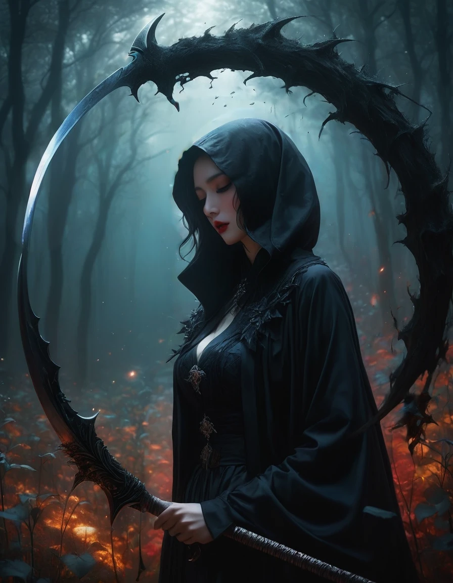 ((Masterpieces with up to 16K resolution):1.6),((soft_color_photograph:)1.5), ((超detailed):1.4),((Cinematic stills and dynamic angles):1.3) | ((double contact):1.3), ((Scary black grim reaper silhouette effect):1.2), ((Superimposed on a beautiful woman):1.1)《Dark forest sky》Agnes Cecil, Jeremy Mann, Oil and ink on canvas, Awesome dark art, Super Dramatic Lights, photographイラスト, Amazing depth, the Ultra-detaileded, 虹colorの黒, Extra dreams, intricately detaileds, Amazing depth, Great atmosphere, A fascinating, unusual and vibrant landscape, ((Shinigami Sickle):1.1), Maximalism ((It's Beautiful Outside, The inside is ugly, Pressure and pain, Beauty and despair, hard and soft, positive and negative, Hot and cold, Sour, Lively but boring, perfectionな調和, Light and shadow, Young and old, Black and White, Corresponding color, Noise々Quiet and peaceful, Chaos and Peace, life-and-death):1.2) A complex masterpiece from the leader in real-time engineering. | Rendered in Ultra-high definition with UHD and retina quality, this masterpiece ensures anatomical correctness and textured skin with super detailed. Focus on high quality and precision, This award-winning work is、Capture every nuance with stunning 16K resolution, Immerse the viewer in the vivid depiction. | ((perfection_composition, perfection_design, perfection_Layout, perfection_detailed, Ultra_detaileded)), ((Strengthen_all, repair_all of)), Learn more, Strengthen.