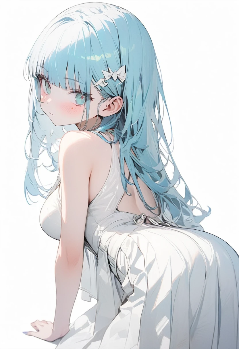 （(1girl))，(((high resolution))),((full body)),straight hair,large breatst,Masterpiece，Super detailed，((white background))，Cool look,((hk416)) ，childish appearance,(expressionless),blunt bangs,(Sky blue hair)，long hair，big breasts,Teenage Girls,Clear Eyes，Green Eyes,white skin,Great graphics,fair skin,T-back
