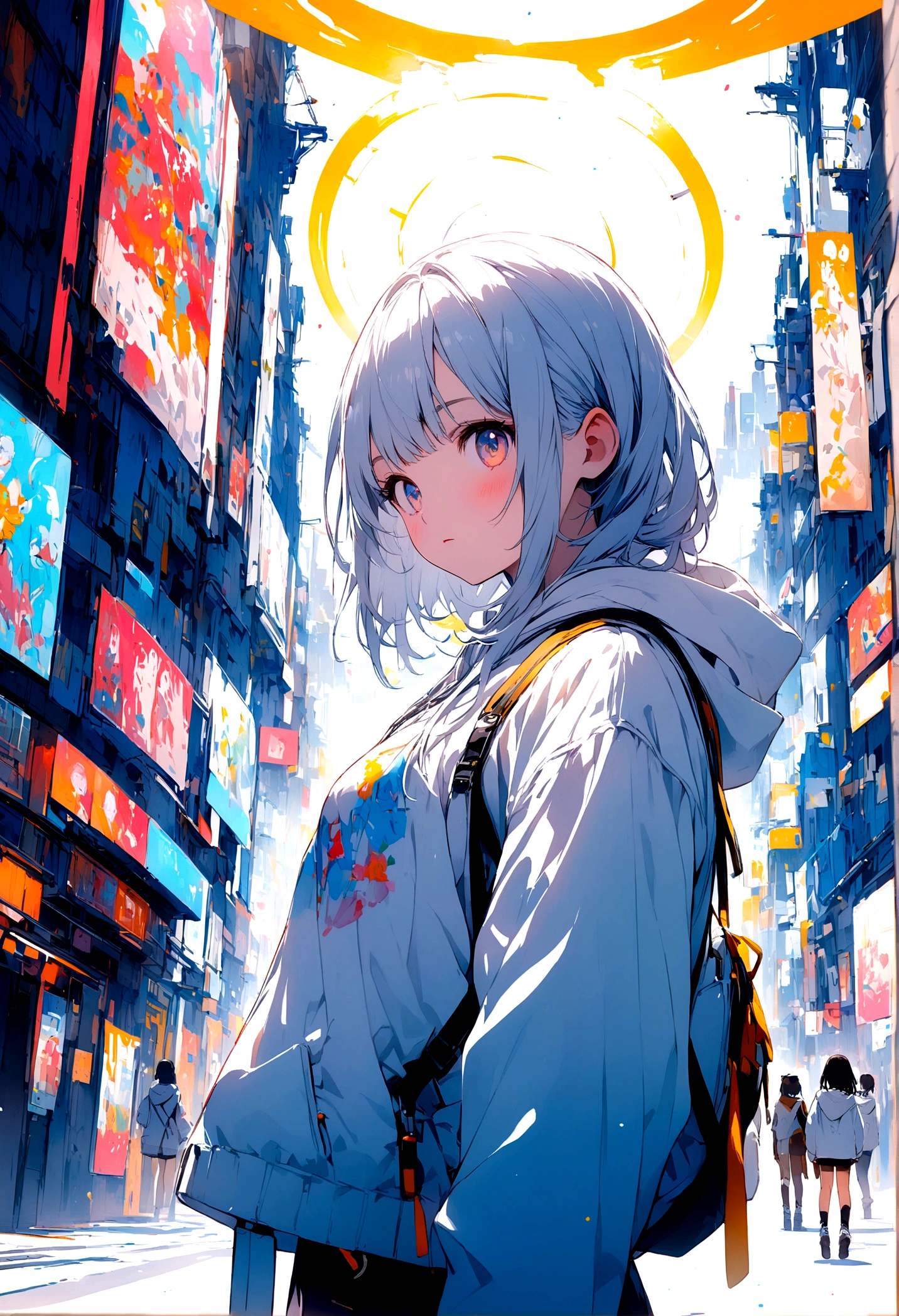 Poster Style、girl wearing a white hoodie、White Bike