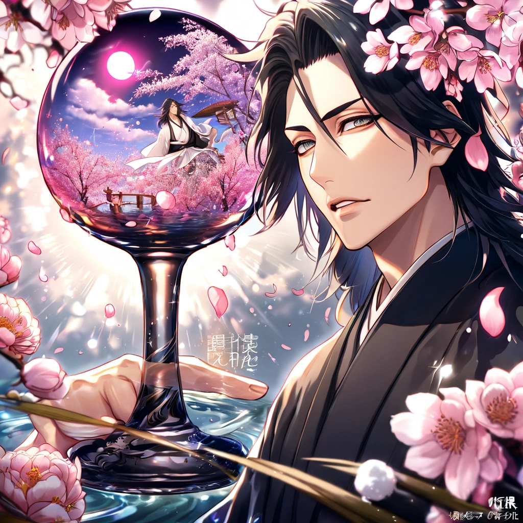 absurdres, highres, ultra detailed, HDR, master piece, best quality, extremely detailed, Kuchiki Byakuya, black hair, medium hair, expressive gray eyes, Bleach, solo, sexy man, handsome, black kimono, white scarf, magical, fantasy, glittering, sparkling, glass, blossoms, pink flowers, pink petals, water, pink moon