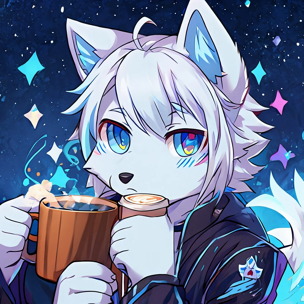 male arctic fox drinking coffee, white hair with light blue tips, 独奏, cute
