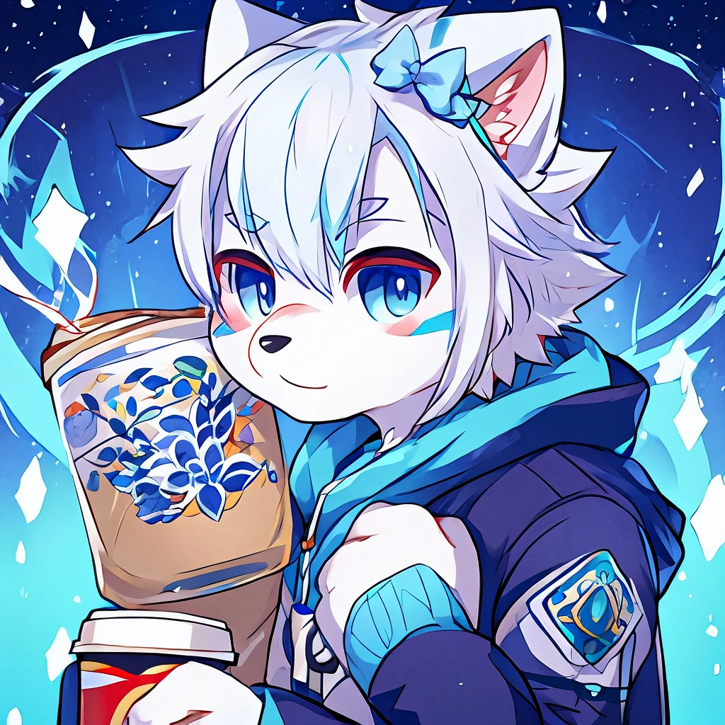 male arctic fox drinking coffee, white hair with light blue tips, 独奏, cute
