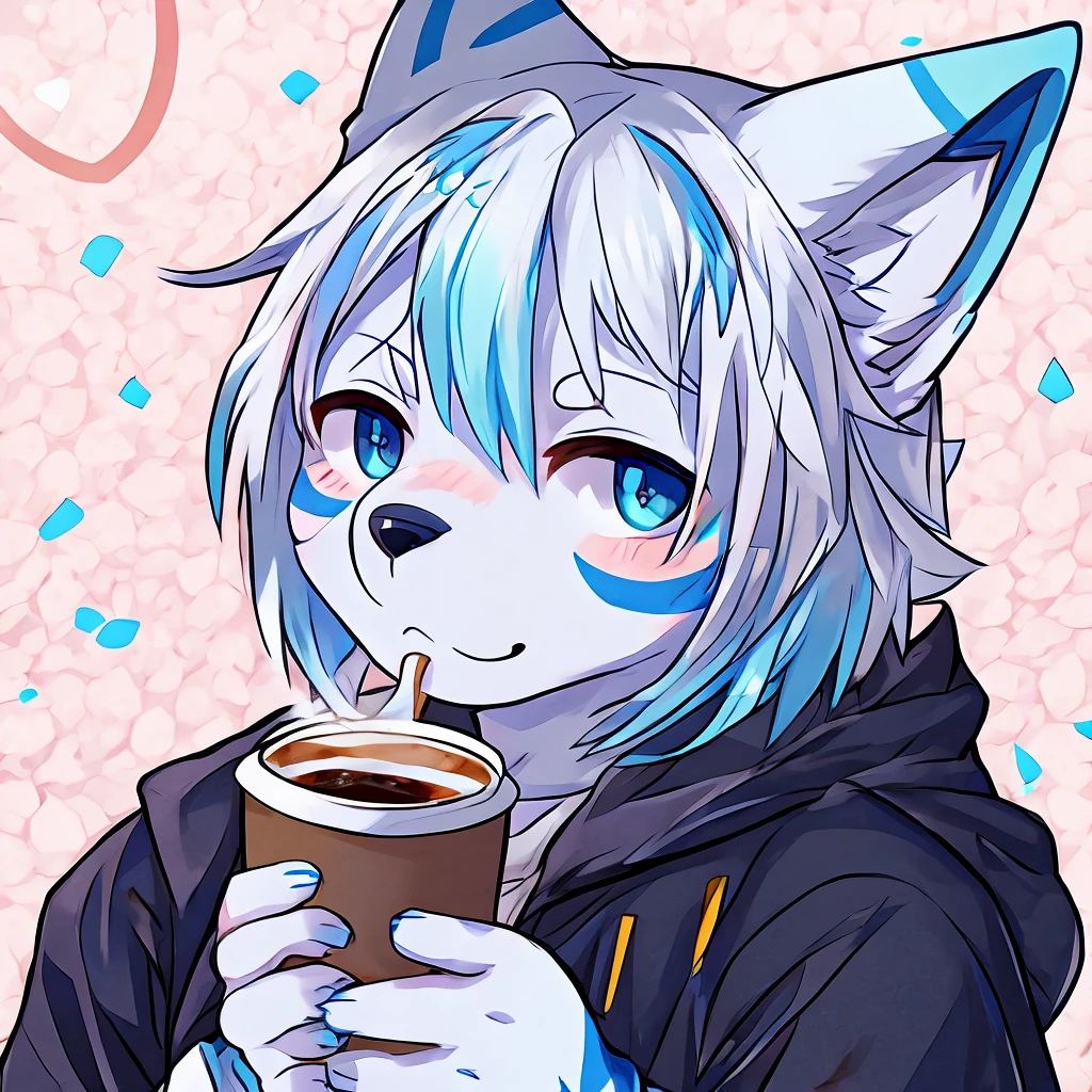 male arctic fox drinking coffee, white hair with light blue tips, 独奏, cute
