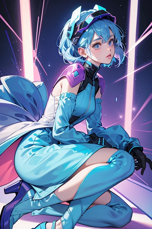 She wore a pixel-textured head helmet with a light blue visor, while her hair, being stiff, shinier, and wilder, was on the outside. Because of the visor, her lips and pupils were glowing pink while the rest of her face was blue. She wore a deep cornflower blue pixel-textured shoulder pad jumpsuit with a pattern of glowing light blue rectangular outlines connected with lines. Her lower arms and lower legs were vivid cerise, and around her legs above the ankles was a thicker band with a glowing blue edge. The bottom of the suit combined with vivid cerise triangular wedge heeled-dress shoes. SPARKLE; GLITTER