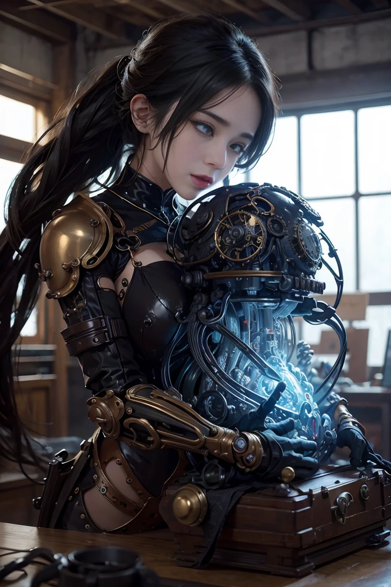 Symbolic representation, tension between work and eroticism, juxtaposed mechanical structures and organic fluid forms, steampunk aesthetics, detailed line art --ar 3:2