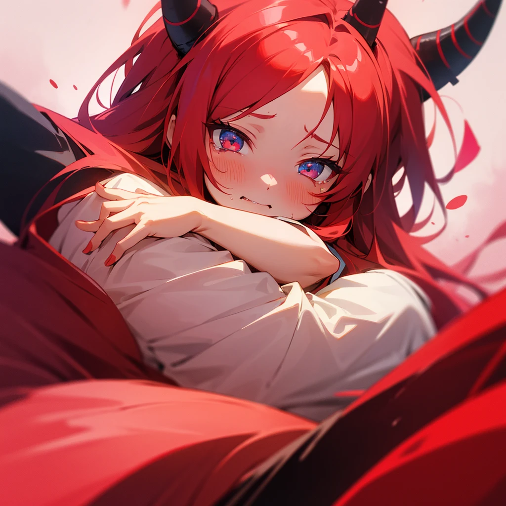 Girl with red hair red eyes red horns with a pink hair with red highlights blue eyes hugging beaten and small crying