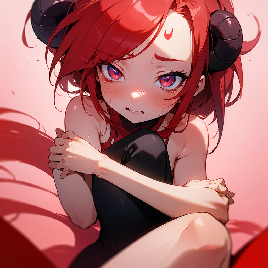 Girl with red hair red eyes red horns with a pink hair with red highlights blue eyes hugging beaten and small crying