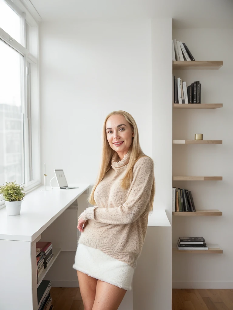 1 girl, (((Gretchen Barretto))), photorealistic photo of Gretchen Barretto, photo of a Swedish woman, cleavage, (((full lips and wide forehead))), middle age, (((Blonde long straight hair))), (((50-year-old woman))), body of 45-year-old woman, (((wrinkles on her face and body))), (((she is dressed in a tight fluffy woolen sweater, tight miniskirt, white knee high socks,))), (((dynamic pose))), she is looking at the camera smiling, (((she seductively stands in her modern study room, surrounded by sleek, minimalist furniture. The room is bathed in natural light streaming through large windows, emphasizing the clean lines and neutral tones of the decor. A spacious desk occupies one corner, clutter-free except for a laptop and a few carefully arranged books. The walls are adorned with abstract artwork or shelves displaying a collection of thoughtfully chosen items. The atmosphere is serene, fostering concentration and creativity, making it an ideal space for focused work or peaceful contemplation))), she is looking at the camera smiling