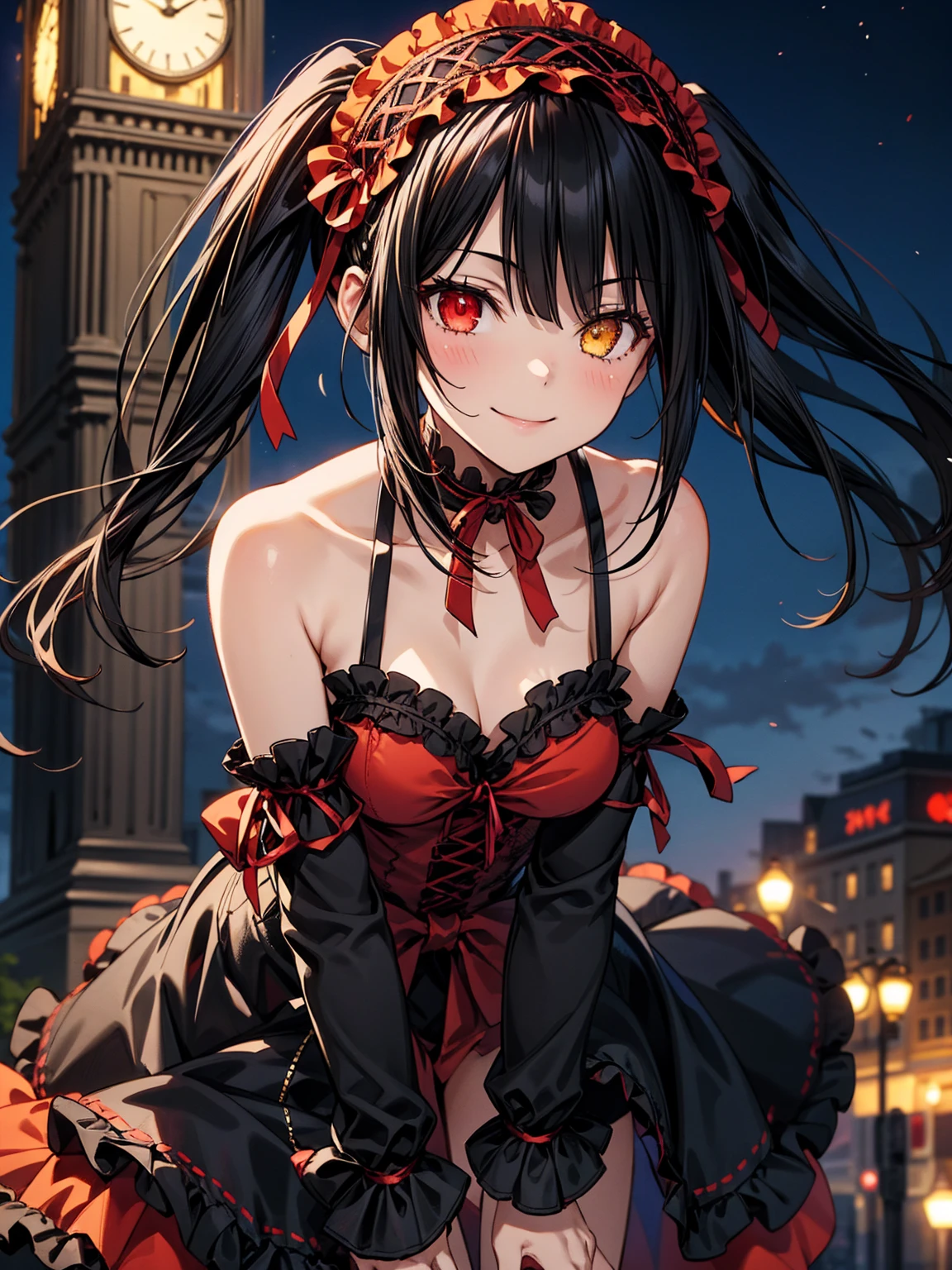 Very detailed, highest quality, masterpiece, gravure body type, medium breasts, moody angle, cowboy shot,( 1girl, solo:1.5), aakurumi, long hair, twintails, hairband, heterochromia, medium breasts, cleavage, black choker, red ribbon, bare shoulders, gothic, red dress, red bow, detached sleeves, very detailed background, outdoors, smile, Confident posture, night, city,( Clock tower in the background), leaning forward, wind