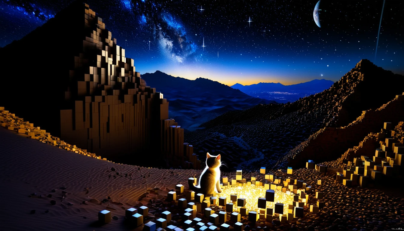 An enchanted desert in a deep, secret location littered with RAL-3D cubes, A wonderful light shines into the darkness,A baby cat is looking at the stars from a distant mountain