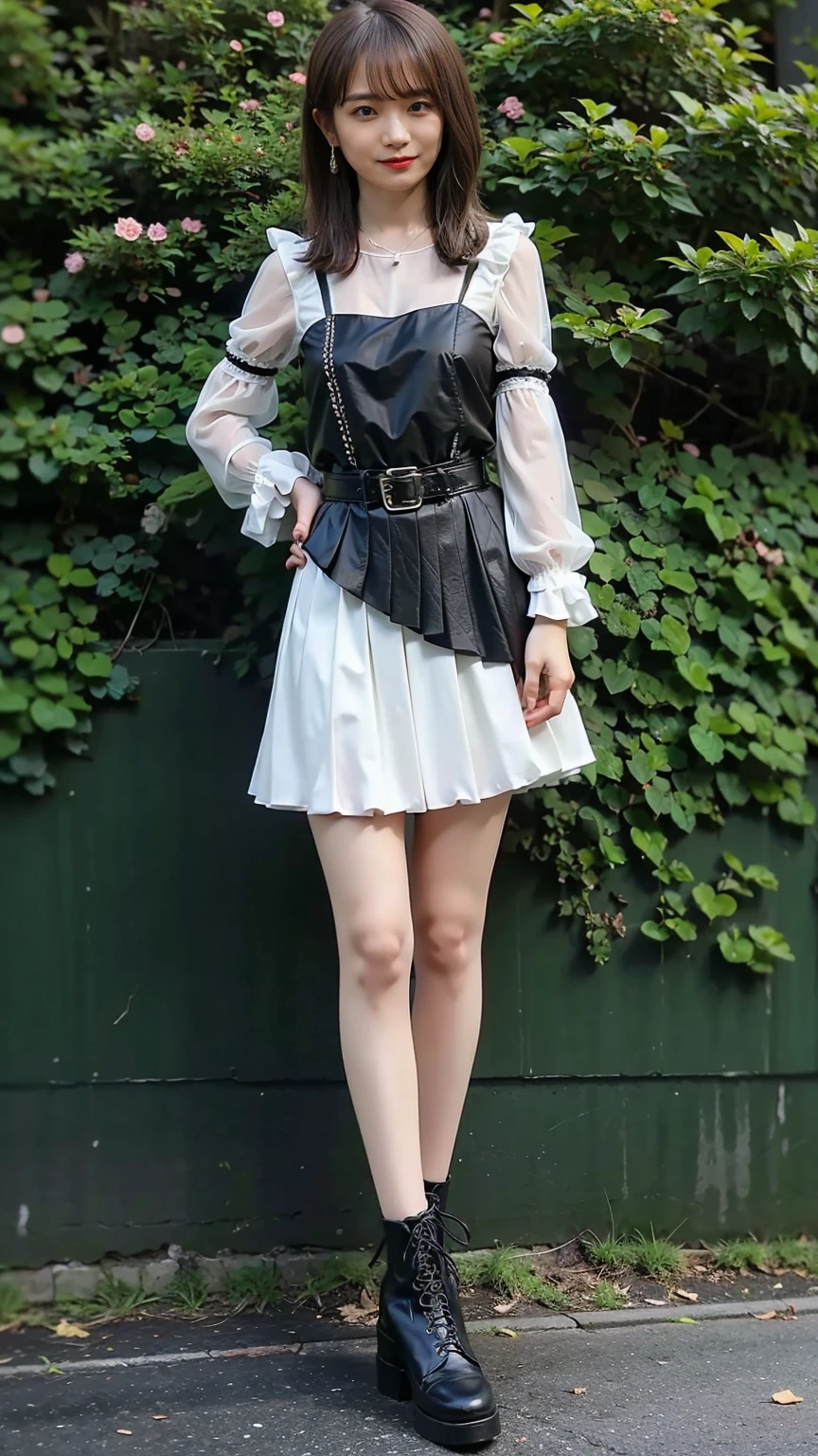 (8K、RAW Photos、Highest quality、masterpiece:1.2)、(Realistic、Realistic)、1 Girl、((Frills、See-through、black and white mini skirt、Thin legs、whole body、boots、garden、View from the front、Looking into the camera、belt、Stand with hands on hips))、cute