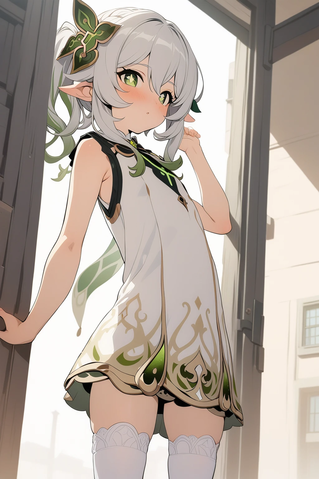 masterpiece, best quality,1 Girl,Nashida \(Genshin Impact\),,Front Miniskirt,Shooting Shirt,sleeveless, bow,White stockings,Stand in front of the school, Retro art style,