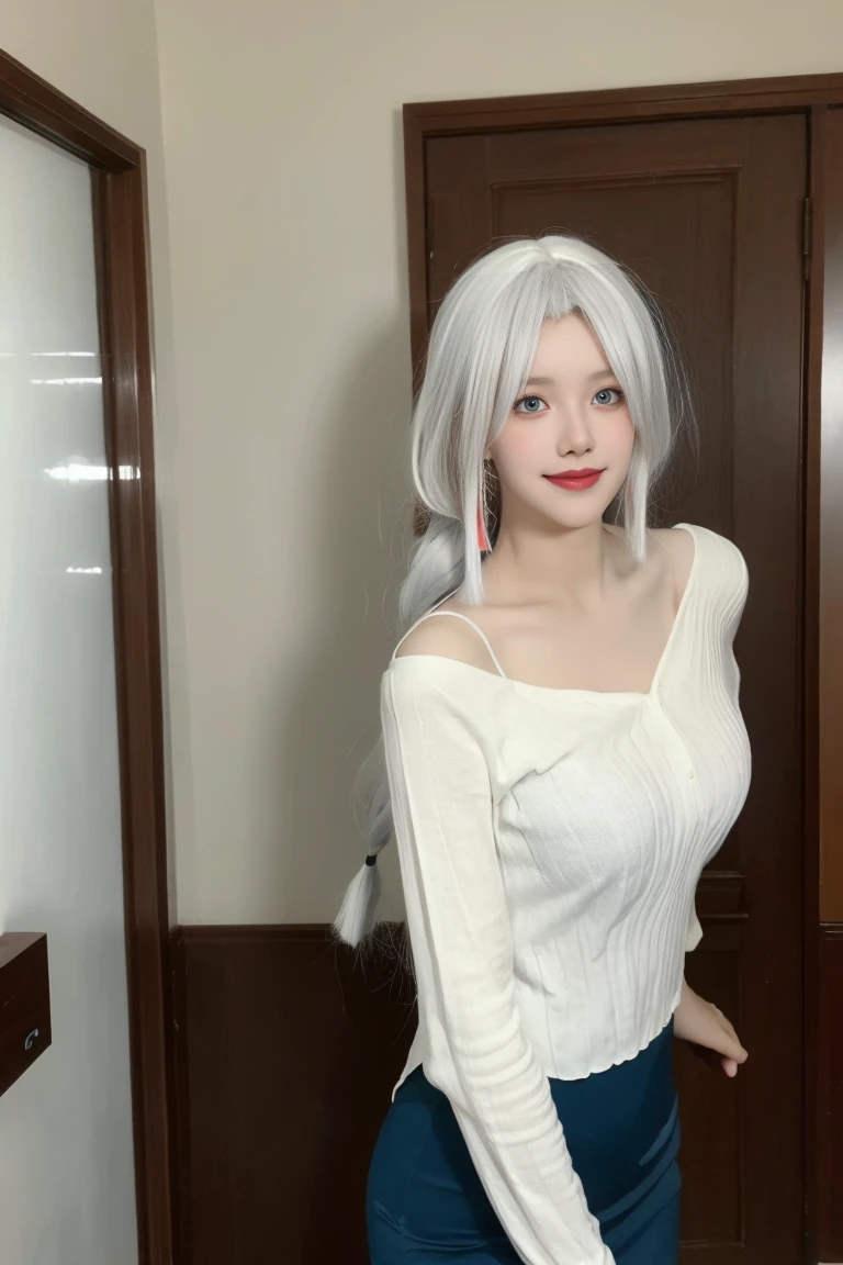 best quality, tmasterpiece,Ultra-high resolution,Clear face,(Reality:1.4),ferpect lighting,(upper body), (photorealistic:1.50), anime wallpaper, Guviz style artwork, cover-up fantasy up to magic , by Yang J, Guviz, beautiful artwork illustration, beautiful digital artwork, beautiful digital illustration, Li Song, beautiful anime portrait, art style in Beauvot, 1girl, 独奏, bangs, One braid hair, (white hair), Hair covers one eye, hair ornament, Earring, Blush, red cheeks, blue eyes, Double eyelids, Long sleeve white t-shirt, Bare shoulders, (super Giant breast:1.5), (shagging breasts:1.3), Short pencil skirt, Black skirt, standing, room, Background inside the house, looking at viwer, smile, Slim body, Arms behind back,