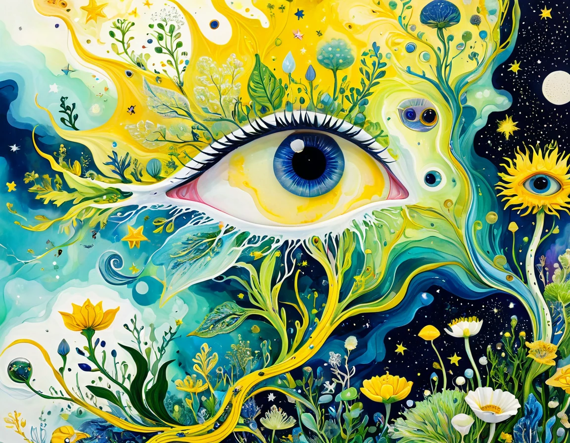 intense visuals,Multi-element fusion,bud,microorganism、plant、Marine life、Eye、Starry Sky,Stitching together an abstract painting,Describing the inner world of autistic people,Sense of space,White Space,interesting,Innocence,Psychedelic Art,yellow