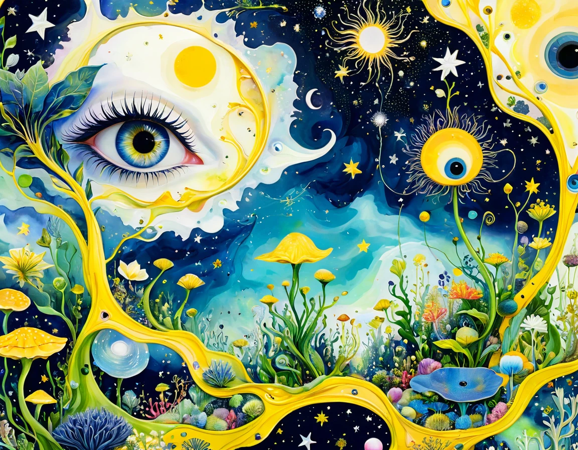 intense visuals，Multi-element fusion，bud，microorganism、plant、Marine life、Eye、Starry Sky，Stitching together an abstract painting，Describing the inner world of autistic people，Sense of space，White Space，interesting，Innocence，Psychedelic Art，yellow