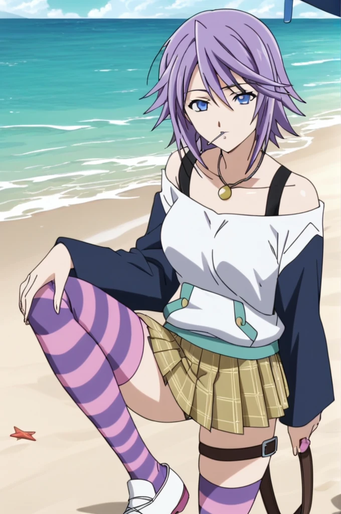 score_9, score_8_up, score_7_up, source anime, prefect lighting, very aesthetic, rating explicit,
1girl, shirayuki mizore, rosario+vampire, short hair, blue eyes, big breasts, mizoreyuki, purple hair, anime coloring, anime screencap, smilling, looking at viewer, mizoreoutfit, long sleeves, striped thighhighs, pleated skirt, necklace, lollipop, one leg belt, anime coloring, anime screencap, Beach,