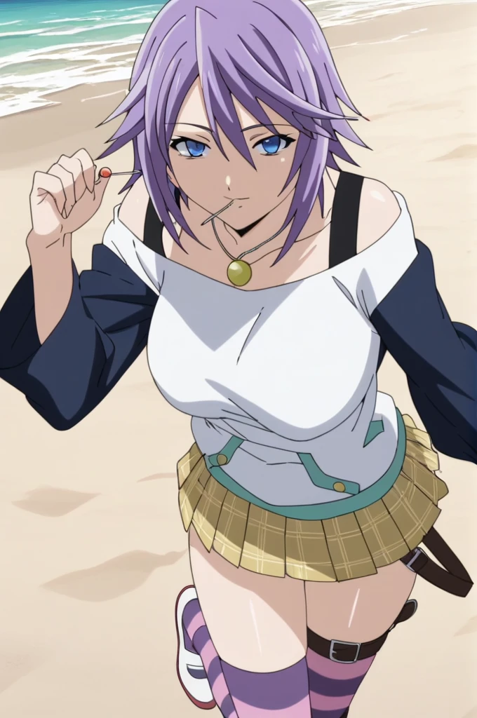 score_9, score_8_up, score_7_up, source anime, prefect lighting, very aesthetic, rating explicit,
1girl, shirayuki mizore, rosario+vampire, short hair, blue eyes, big breasts, mizoreyuki, purple hair, anime coloring, anime screencap, smilling, looking at viewer, mizoreoutfit, long sleeves, striped thighhighs, pleated skirt, necklace, lollipop, one leg belt, anime coloring, anime screencap, Beach,