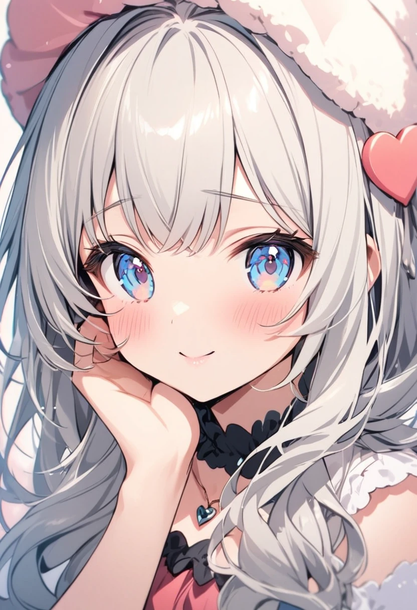 A cute girl makes a heart with her hand on half of her cheek.