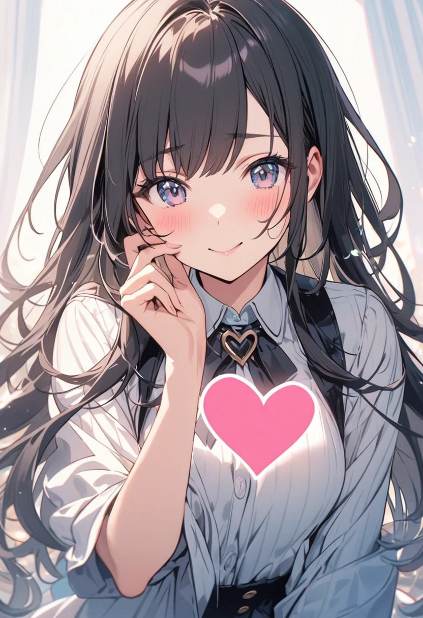 A cute girl makes a heart with her hand on half of her cheek.