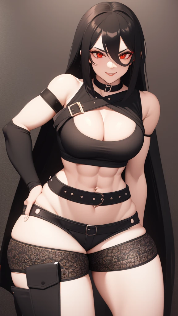 1 girl, muscular, black hair, red eyes, white skin, solo, goth, shoulder length hair, curvy, very wide hips, large ass, narrow waist, thick thighs, very huge breasts, black choker, black tank top, black jean booty shorts, sultry smile, navel piercing, midriff six-pack abs, visible cleavage
