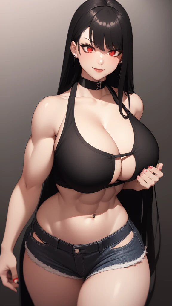 1 girl, muscular, black hair, red eyes, white skin, solo, goth, shoulder length hair, curvy, very wide hips, large ass, narrow waist, thick thighs, very huge breasts, black choker, black tank top, black jean booty shorts, sultry smile, navel piercing, midriff six-pack abs, visible cleavage
