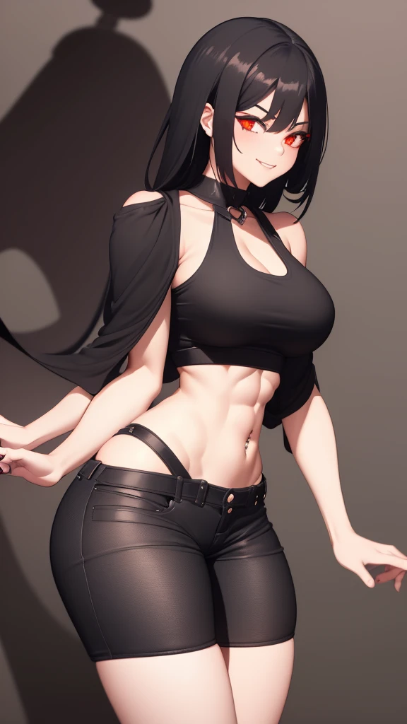 1 girl, muscular, black hair, red eyes, white skin, solo, goth, shoulder length hair, curvy, very wide hips, large ass, narrow waist, thick thighs, very huge breasts, black choker, black tank top, black jean booty shorts, sultry smile, navel piercing, midriff six-pack abs, visible cleavage
