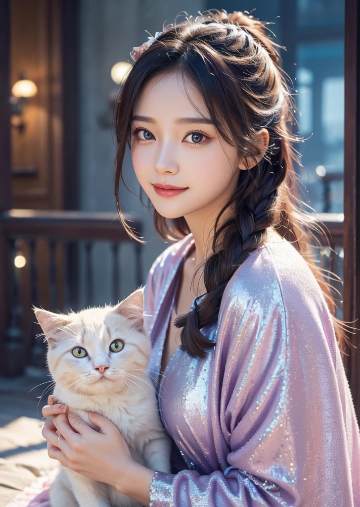 Diffuse lighting、 Highest quality, High resolution, unity 8k wallpaper、Supersaturation, Colorful, fairy tale, dream-like, Movie-like characters, oil, 3d, 8K resolution, Sequins, Sparkling, moonlight, Close-up portrait adorable,Too cute cat, Fine grain, Large, round, reflective eyes,Dreamland、pastel colour、pleasant to the touch、Facing forward、smile、full moon、Mysterious Flower、Beautiful cat、cute cat、