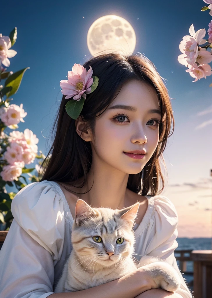 Diffuse lighting、 Highest quality, High resolution, unity 8k wallpaper、Supersaturation, Colorful, fairy tale, dream-like, Movie-like characters, oil, 3d, 8K resolution, Sequins, Sparkling, moonlight, Close-up portrait adorable,Too cute cat, Fine grain, Large, round, reflective eyes,Dreamland、pastel colour、pleasant to the touch、Facing forward、smile、full moon、Mysterious Flower、Beautiful cat、cute cat、