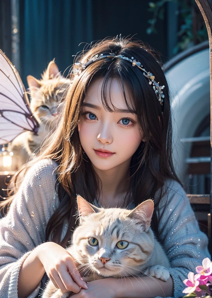 Diffuse lighting、 Highest quality, High resolution, unity 8k wallpaper、Supersaturation, Colorful, fairy tale, dream-like, Movie-like characters, oil, 3d, 8K resolution, Sequins, Sparkling, moonlight, Close-up portrait adorable,Too cute cat, Fine grain, Large, round, reflective eyes,Dreamland、pastel colour、pleasant to the touch、Facing forward、smile、full moon、Mysterious Flower、Beautiful cat、cute cat、
