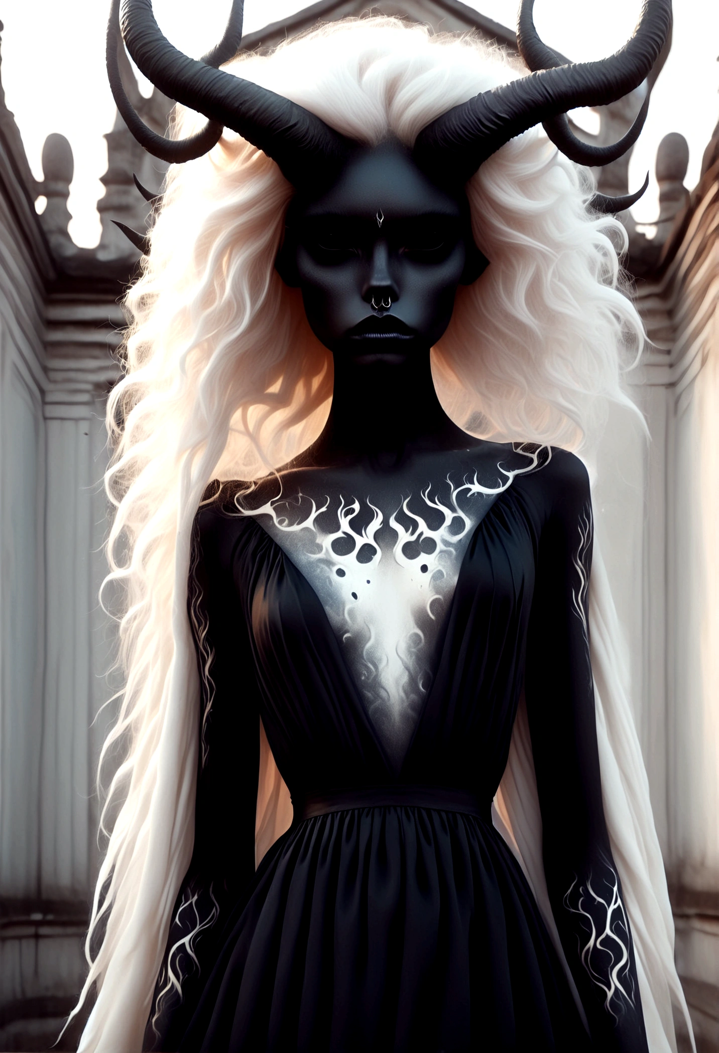 abstract geometric gradients, (by Melissa Launay), dark and moody torso shot of a beautiful female demon with deep black eyes, albino with very pale skin, long billowing hair blowing in the wind, floating fire particles, gold filigree, black latex dress, (long intricate horns:1.2) bleak, illustration, surreal fantasy