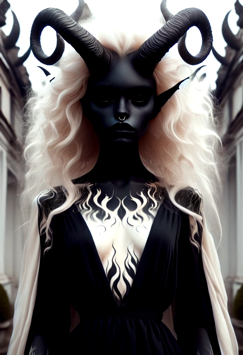 abstract geometric gradients, (by Melissa Launay), dark and moody torso shot of a beautiful female demon with deep black eyes, albino with very pale skin, long billowing hair blowing in the wind, floating fire particles, gold filigree, black latex dress, (long intricate horns:1.2) bleak, illustration, surreal fantasy