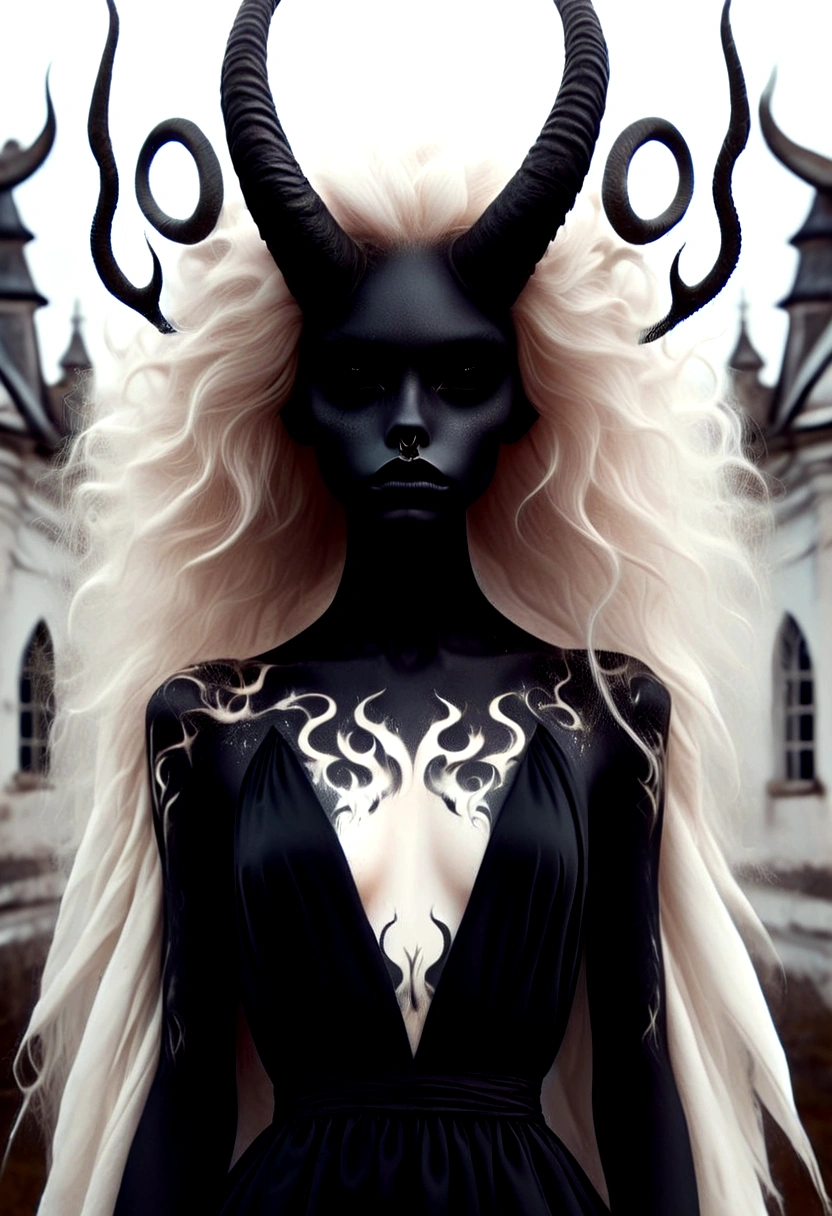 abstract geometric gradients, (by Melissa Launay), dark and moody torso shot of a beautiful female demon with deep black eyes, albino with very pale skin, long billowing hair blowing in the wind, floating fire particles, gold filigree, black latex dress, (long intricate horns:1.2) bleak, illustration, surreal fantasy