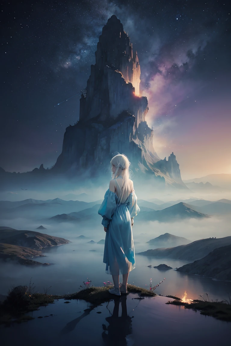 Surreal landscape, blurred boundaries between individual beings, loss of self, ethereal atmosphere, watercolor effect, dreamy color palette --ar 2:1