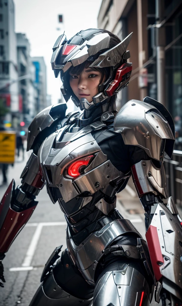 Textured skin, Super detailed, Attention to detail, high quality, 最high quality, High resolution, 1080P, hard disk, beautiful,(War Machine),beautifulサイボーグ女性,red and black mecha cyborg girl,Battle Mode,Girl with a mechanical body(armor red 7、black 3 ratio),She is wearing a futuristic combat weapon mecha、Very Short Hair、Brown eyes、Sweaty face、Tired look、　Open your mouth　Sexy Eyes　Steam coming out of the head　Kneel　Full Face Headgear　Destroyed combat uniforms　Heavily damaged armor　Sweaty face　Woman with distressed expression　completely and partially destroyed