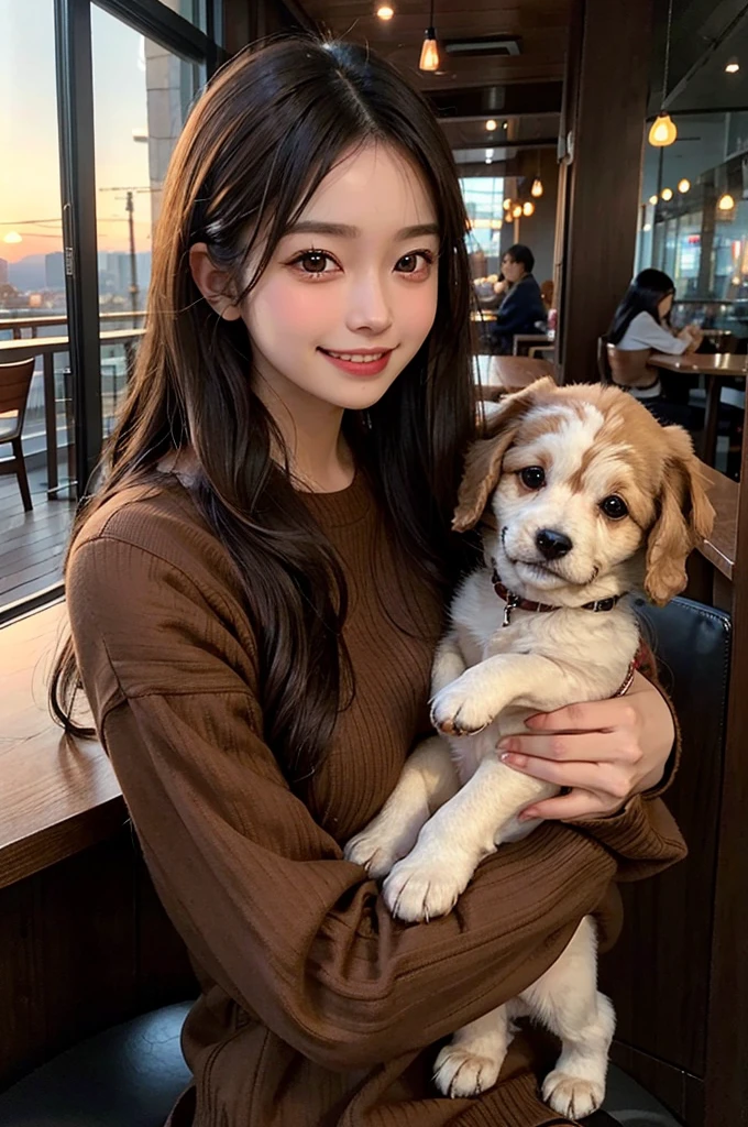He is wearing a brown sweater and sitting in a cafe drinking coffee、A cute girl with long black straight hair, brown eyes and a round face, sunset, Smiling with no bangs and showing teeth, Holding a poodle puppy in her arms