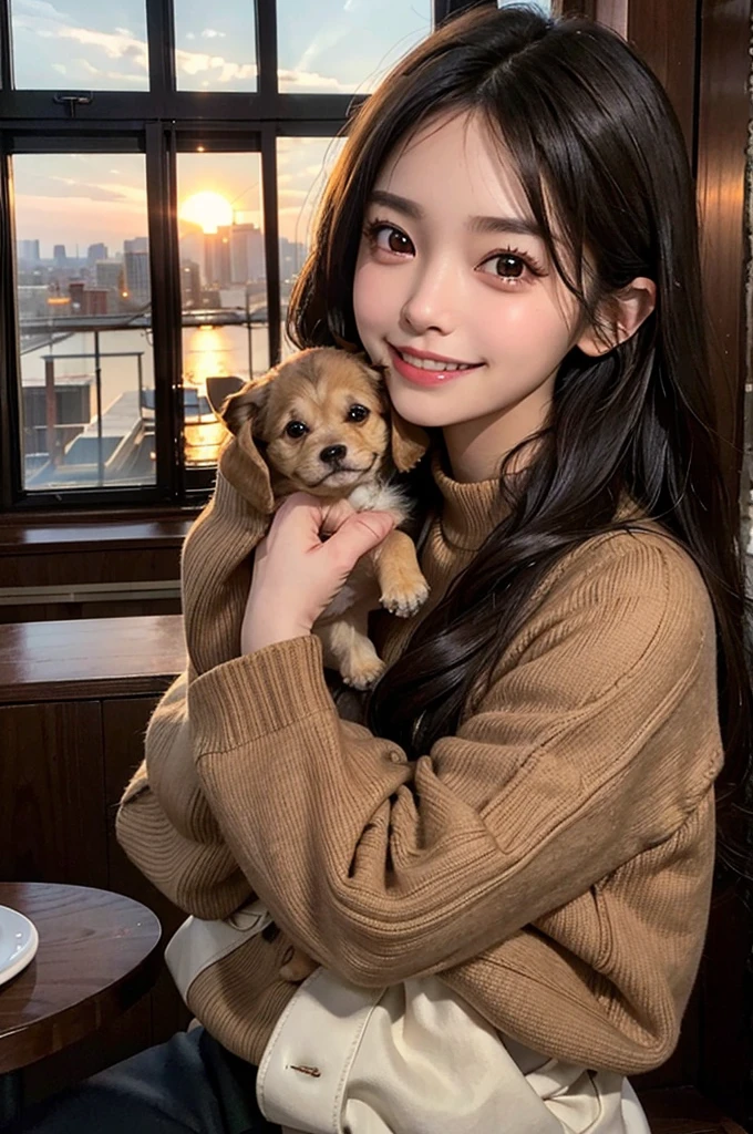 He is wearing a brown sweater and sitting in a cafe drinking coffee、A cute girl with long black straight hair, brown eyes and a round face, sunset, Smiling with no bangs and showing teeth, Holding a poodle puppy in her arms