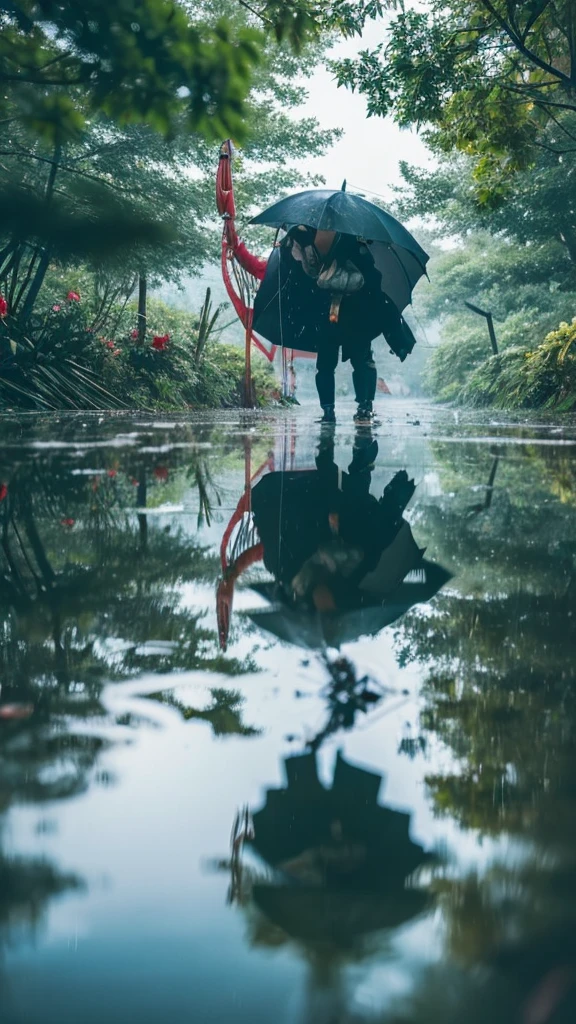 ((crane))、bird、Rainy Sky、1girl,from below