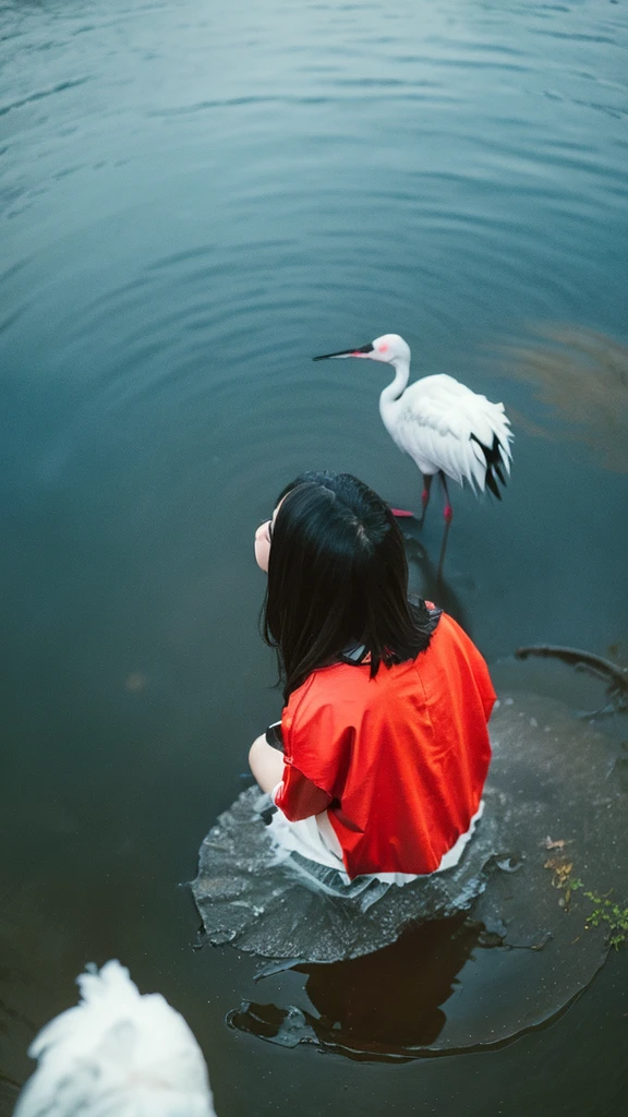 ((crane))、bird、Rainy Sky、1girl,from below