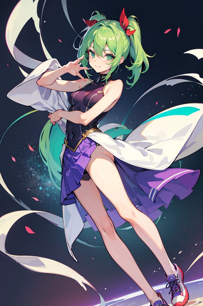 Lively standing posture,enchanting,,absurd, ultra detailed, masterpiece, best quality, Aesthetic, detailed, Solitary, Smile, 1 Girl, Aqua eyes, Double tail, 长度中等的Double tail, 有点乱的Double tail,Hair between the eyes, Bangs, crossed Bangs, Messy hair, Small Breasts, Shut up,Sleeveless shirt, Open coat, turtleneck, Purple sneakers, Half-taken off purple coat, Card issuance, Girl,Green Hair,Green Hair,Green Hair,Green Hair,thin,Thin legs,Charming pose,Sexy,Sexy,Red hair accessories,Ball between legs,Red and white ball,clown女,clown妆容,Purple skirt,Blue skirt,Ultra-clear,Ultra-clear,Looking at the camera,Full body portrait,Small breasts,Height 150cm,cute,Exaggerated smile,Six-headed body,Petite,slim,a beautiful Girl,Thin waist,clown,Ball between legs,Emerald green underwear,腿中间夹着Red and white ball,Right hand on the face,Left-handed scissorhands