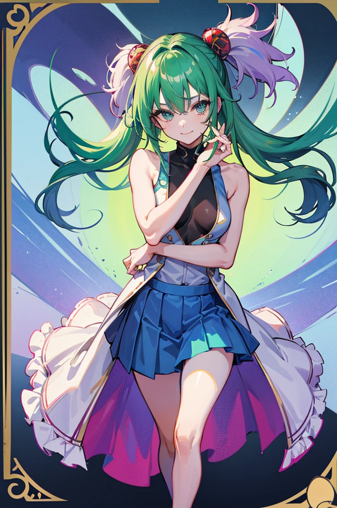 Lively standing posture,enchanting，，absurd, ultra detailed, masterpiece, best quality, Aesthetic, detailed, Solitary, Smile, 1 Girl, Aqua eyes, Double tail, 长度中等的Double tail, 有点乱的Double tail，Hair between the eyes, Bangs, crossed Bangs, Messy hair, Small Breasts, Shut up,Sleeveless shirt, Open coat, turtleneck, Purple sneakers, Half-taken off purple coat, Card issuance, Girl，Green Hair，Green Hair，Green Hair，Green Hair，thin，Thin legs，Charming pose，Sexy，Sexy，Red hair accessories，Ball between legs，Red and white ball，clown女，clown妆容，Purple skirt，Blue skirt，Ultra-clear，Ultra-clear，Looking at the camera，Full body portrait，Small breasts，Height 150cm，cute，Exaggerated smile，Six-headed body，Petite，slim，a beautiful Girl，Thin waist，clown，Ball between legs，Emerald green underwear，腿中间夹着Red and white ball，Right hand on the face，Left-handed scissorhands