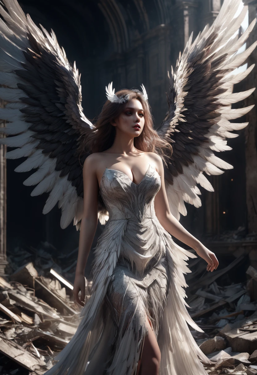 ruined city, beautiful busty angel woman, highly detailed, intricate, cinematic lighting, volumetric lighting, dramatic shadows, realistic skin, hyper detailed face, delicate facial features, elegant pose, flowing angelic dress, detailed feathered wings, gritty dystopian environment, debris and rubble, moody dark color palette, chiaroscuro lighting, photorealistic, 8K