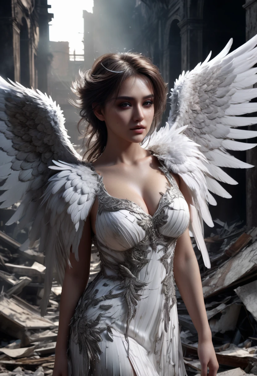 ruined city, beautiful busty angel woman, highly detailed, intricate, cinematic lighting, volumetric lighting, dramatic shadows, realistic skin, hyper detailed face, delicate facial features, elegant pose, flowing angelic dress, detailed feathered wings, gritty dystopian environment, debris and rubble, moody dark color palette, chiaroscuro lighting, photorealistic, 8K